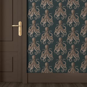 Removable Octopus Wallpaper – Dark Brown Ocean Mural with Sea Life Pattern, Modern Vinyl Wall Art, DIY Peel and Stick for Stylish Interiors