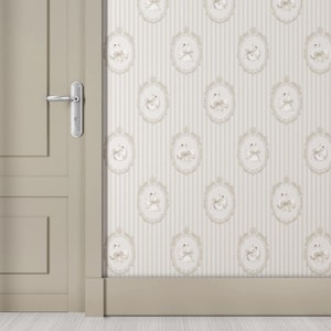 Neutral Swan Wallpaper – Beige Peel & Stick Nursery Wall Mural, Striped Vintage Baby Room Decor, Soft Elegant Animal Pattern, Self Adhesive