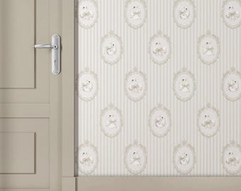 May include: Wallpaper featuring a repeating pattern of white swans inside ornate beige oval frames set against a background of vertical beige and white stripes. The wallpaper is applied to a wall next to a solid beige door with a silver handle.