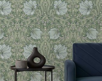 Elegant Green Floral Wallpaper – Removable Vintage Botanical Wall Mural, Morris Style Peel And Stick Art, Classic Nouveau Wall Decor