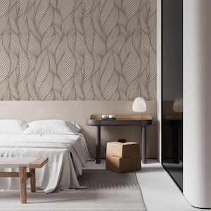 Beige Leaf Wallpaper – Modern Botanical Wall Mural For Bedroom, Neutral Removable Peel And Stick Wall Art, Minimal Nature Decor