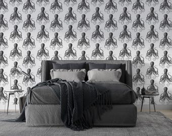 Removable Octopus Wallpaper Mural – Vintage Coastal Wall Decor in Black and White, Peel and Stick Vinyl for Bathroom or Accent Walls