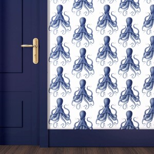 Blue Octopus Wallpaper Mural – Removable Peel and Stick Wall Art, Bright Sea Creature Print, Ocean Mural for Textured Bathroom Interiors