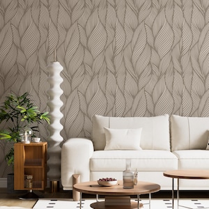 Modern Leaf Wallpaper – Neutral Removable Wall Mural, Minimalist Peel And Stick Wallpaper For Living Room Or Bedroom Accent Walls