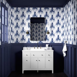 Bold Blue Octopus Wallpaper – Peel and Stick Ocean Mural, Removable Coastal Wall Art, Vinyl Wallpaper for Bathroom or Sea-Inspired Decor