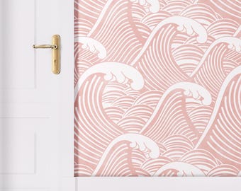 Pink Wave Wallpaper for Nursery – Japandi Vintage Ocean Wall Mural for Baby Girl Room, Soft Decor for Modern Interior Walls, Nursery Decor