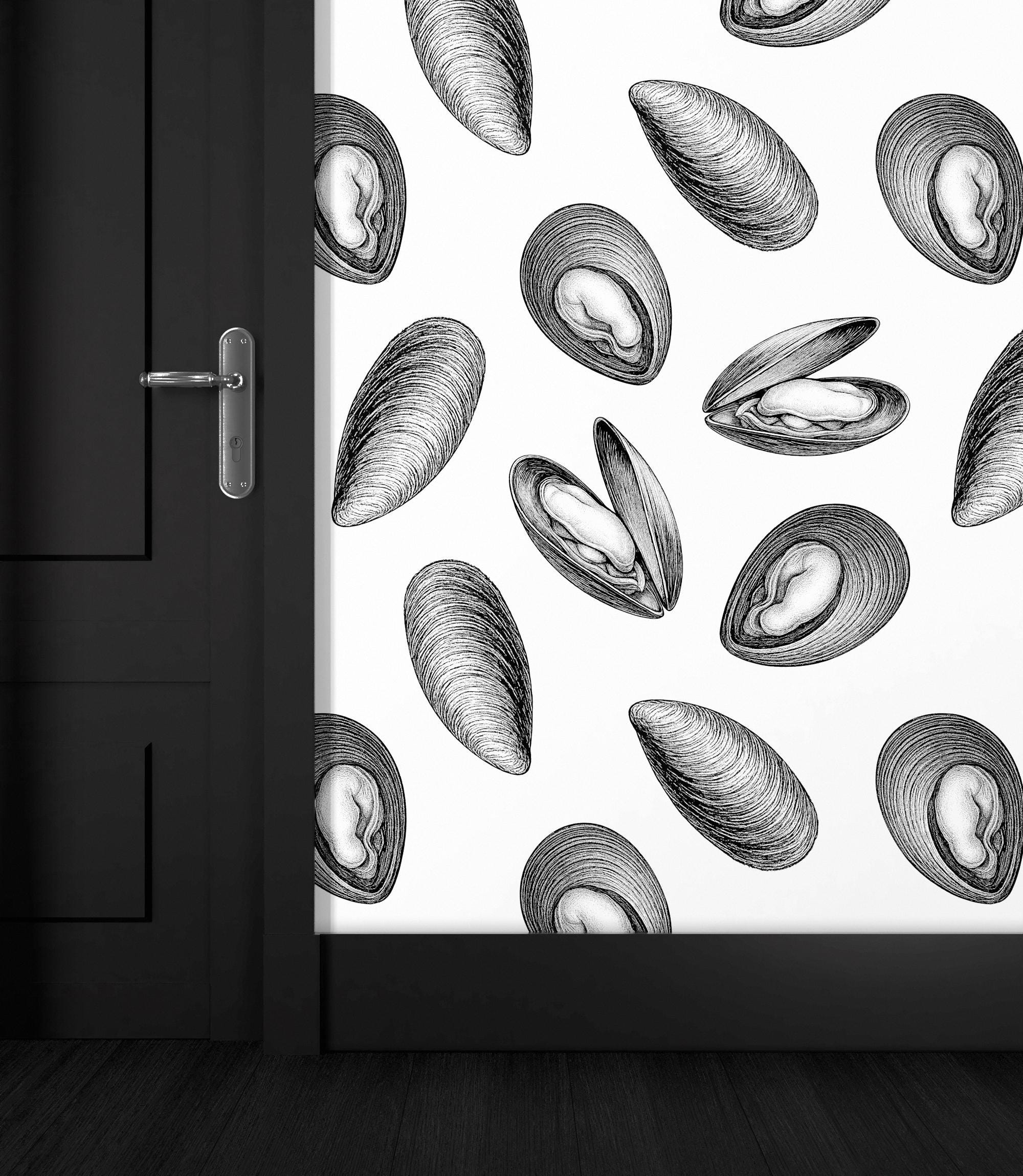 Shell Wallpaper Peel and Stick – Bold Black and White Vintage Coastal Wall Art, Graphic Ocean Mural, Seashell Pattern for Modern Interiors