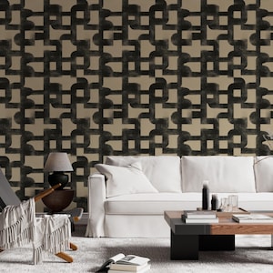 Modern Geometric Wallpaper – Black Abstract Pattern On Beige, Removable Peel And Stick Wall Mural, Contemporary Living Room Decor