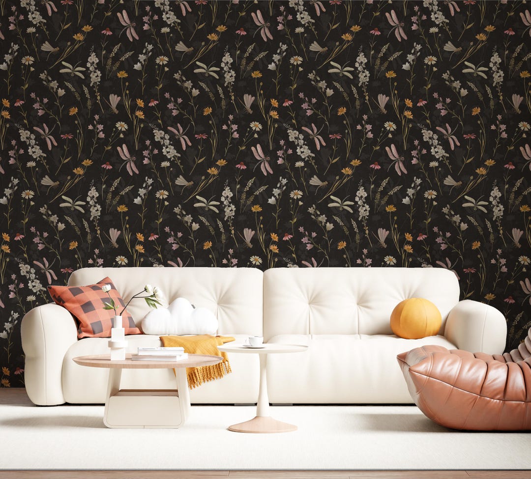 Dark Floral Peel and Stick Wallpaper – Vintage Botanical Mural With ...