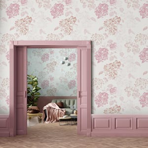 Pink Hydrangea Peel and Stick Wallpaper – Pastel Floral Wall Mural for Nursery or Girl’s Room, Removable Botanical Boho Bedroom Design