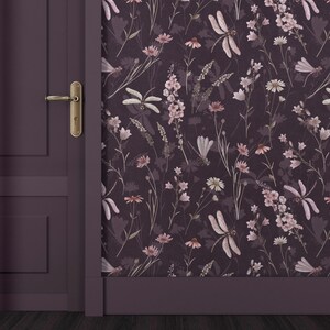 Dark Purple Botanical Wallpaper – Apartment Renter Aesthetic, Peel and Stick Mural, Vintage Botanical & Floral, Boho Temporary Wallpaper