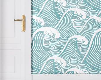 Aqua Vintage Ocean Wave Wallpaper – Japanese Style with Retro Wall Mural for Bathroom, Living Room or Interior Accent Walls, Best Home Decor