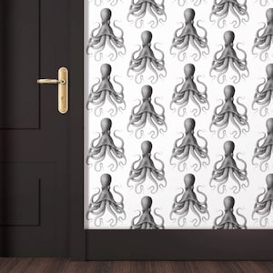Black and White Octopus Wallpaper Mural – Dark Ocean Wall Design, Sea Creature Print, DIY Peel and Stick for Bold, Nautical-Inspired Spaces