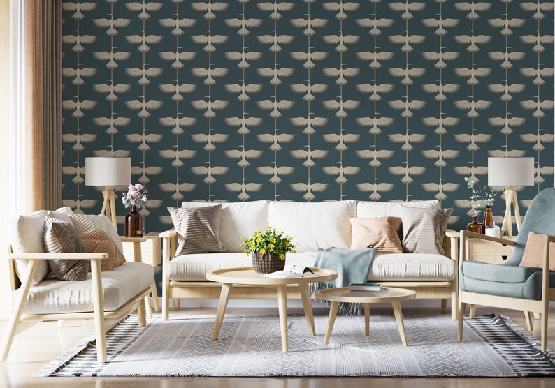 British Vintage Cranes Wallpaper – Peel and Stick Bedroom & Bathroom Wallpaper, High-quality Art Mural, Vintage Adhesive Wallpaper for Home image 3