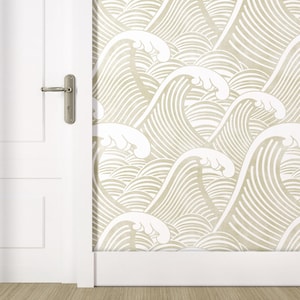 Beige Japanese Wave Wallpaper – Bold Ocean-Inspired Wall Mural, Neutral Peel & Stick, Modern Minimalist Coastal Decor for Living or Bathroom
