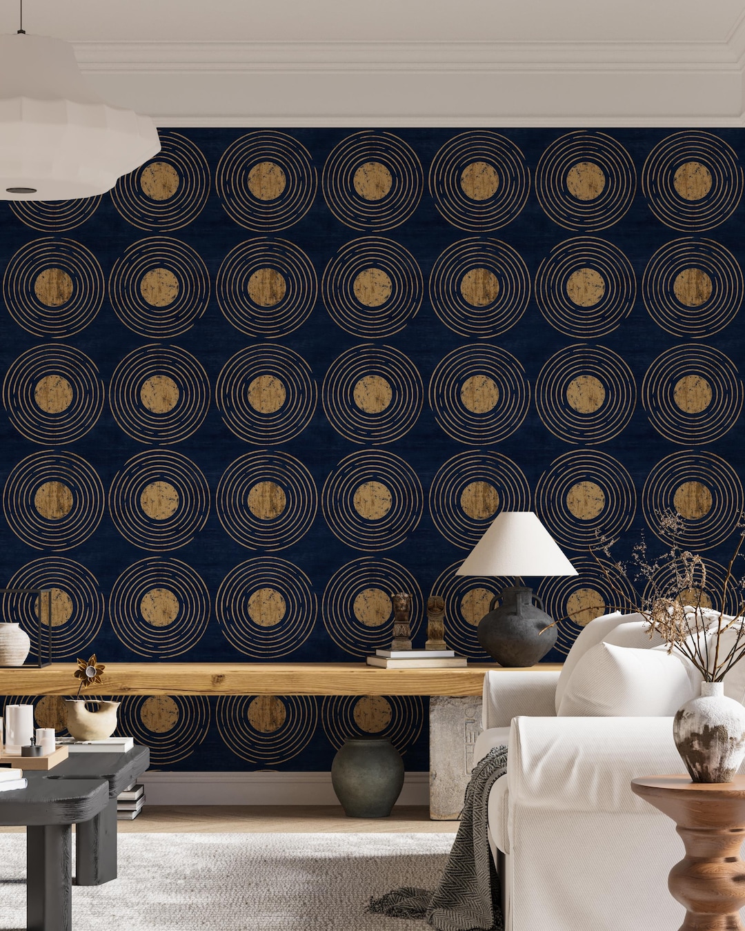 Navy Blue and Gold Wall Mural – Luxury Geometric Circle Art, Removable ...