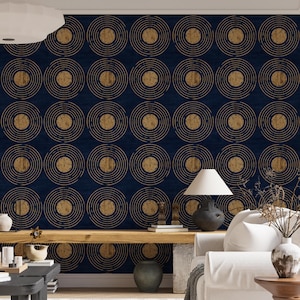 Navy Blue and Gold Wall Mural – Luxury Geometric Circle Art, Removable Peel And Stick Wallpaper For Accent Walls, Art Deco Living Room Decor