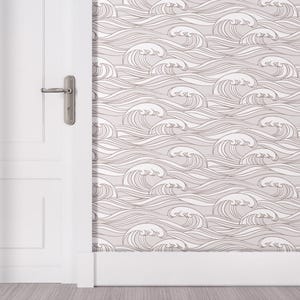 Beige Wave Wallpaper – Coastal Peel and Stick Mural, Minimalist Ocean Wall Art for Bedroom, Nautical Removable Wallpaper, Boho Neutral Decor