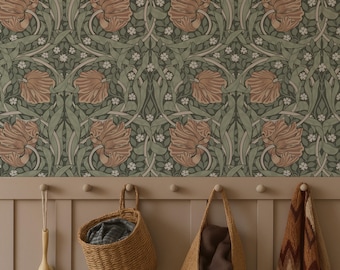 Rustic William Morris Wallpaper – Olive Green and Terracotta Art Nouveau Floral Mural, Peel and Stick Vintage Botanical Wall Decor