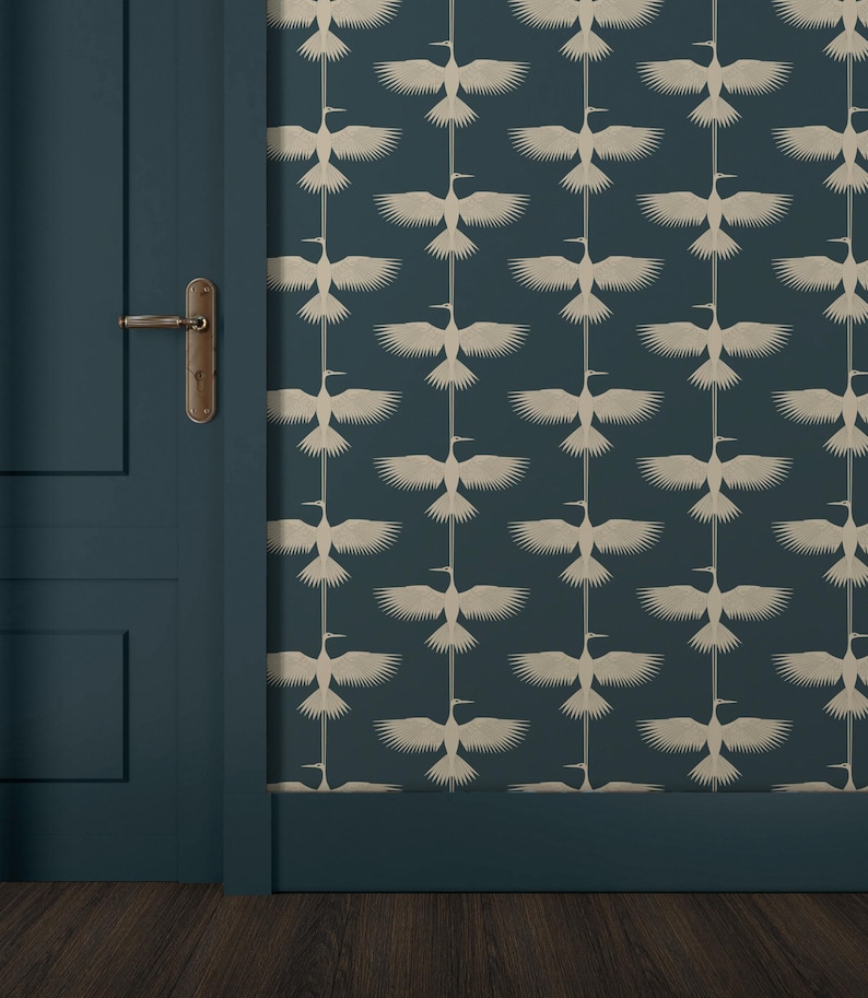 British Vintage Cranes Wallpaper – Peel and Stick Bedroom & Bathroom Wallpaper, High-quality Art Mural, Vintage Adhesive Wallpaper for Home image 1