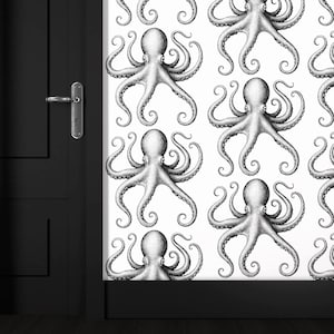 Octopus Wallpaper Peel and Stick – Modern Black and White Octopus Design, Graphic Ocean Print, Sea Creatured Pattern for Coastal Interiors