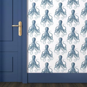 Removable Pastel Blue Octopus Wallpaper – Whimsical Sea Pattern Wall Art, Ocean Mural, Peel and Stick Coastal Design for Easy DIY Update