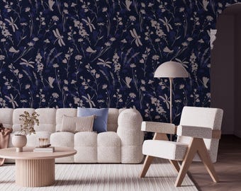 Navy Blue Wildflower Peel and Stick Wallpaper – Modern Botanical Wall Mural, Textured Vinyl Accent Design for Bathroom or Bedroom Decor
