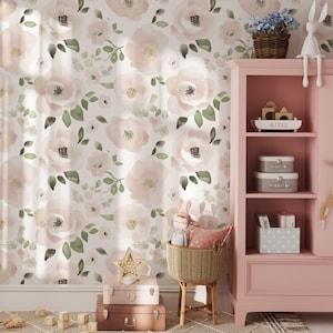 Blush Pink Floral Nursery Wallpaper – Watercolor Peel And Stick Removable Mural For Baby Girl Room, DIY Pastel Flower Wall Art Accent
