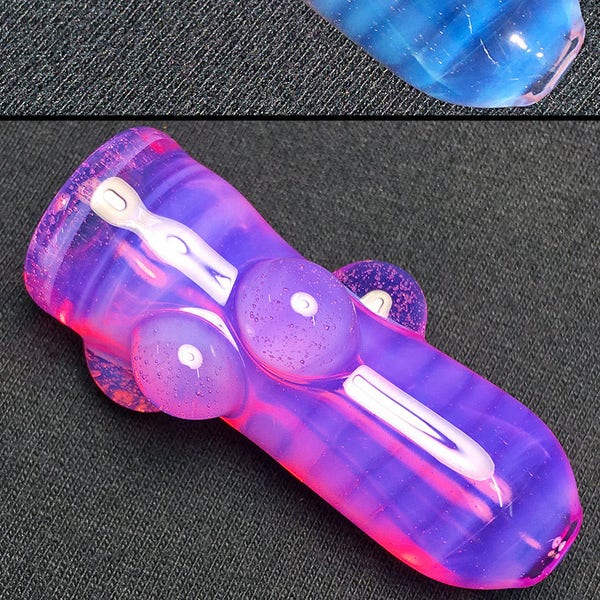 Glass Chillum Pocket Pipe - Thick Heady Boro Solid Voodoo Pink and Purple CFL Color Changing Glass Chillum Pocket Pipe with Pink Slyme Dots