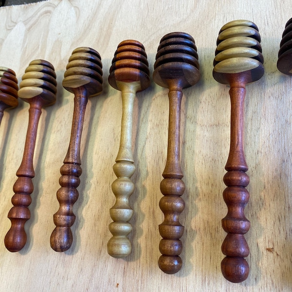 Honey bobs, dipper, assorted hardwoods, individually crafted, ready for honey jars, finished with mineral oil and beeswax, about SIX INCHES