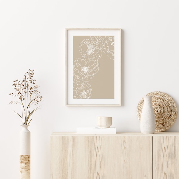 Minimalist hand drawn flowers, beige artwork, printable, instant download, flower drawing, peony flowers, wall decoration,  hand drawn