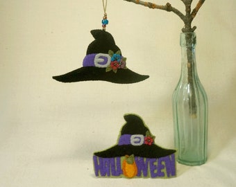 Wool Felt Witch Hat Ornament, Title, or Set, Halloween Ornaments *Ready to Ship