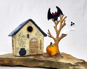 Felt Halloween Ghost or Witch House Set: Handmade Little Felt Village Cottage with Removable Roof and Spooky Tree