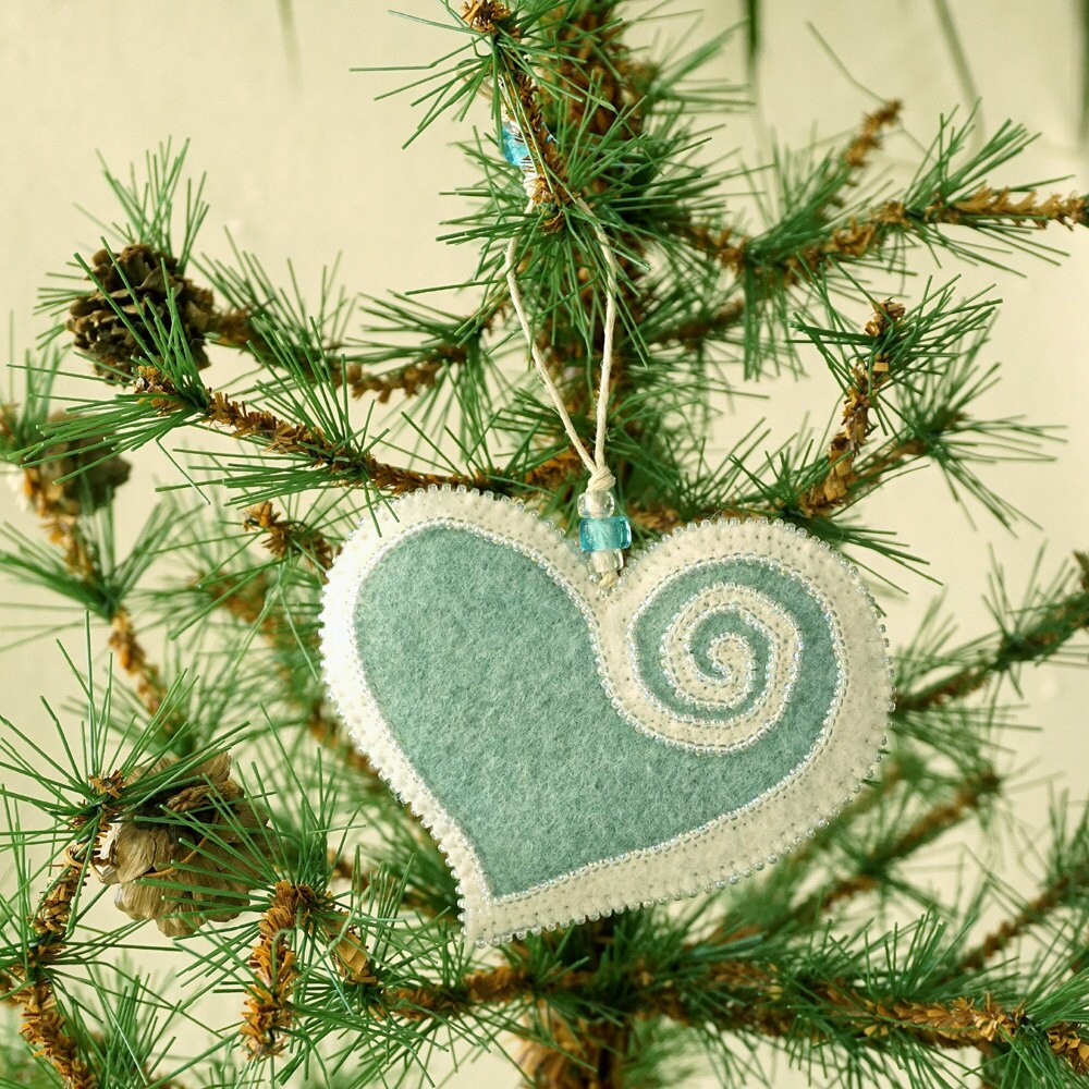 Beaded Mint Blue and White Wool Felt Heart Ornament 2 Etsy