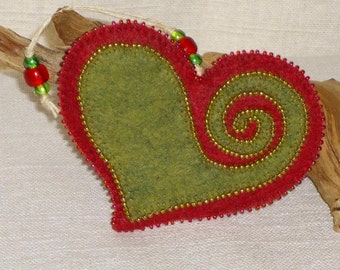 Beaded Red & Green Wool Felt Heart Ornament #3, Mother’s Day Heart, Wedding Favor, Proposal Idea, Anniversary Gift *Ready to ship