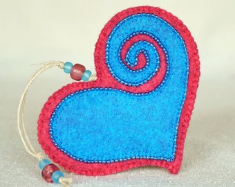Beaded Pink and Blue Wool Felt Heart Ornament #4,  Mother’s Day Heart, Wedding Favor, Proposal Idea, Anniversary Gift *Ready to ship