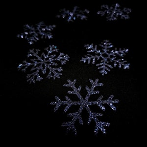Peut inclure: Plusieurs flocons de neige argentés et scintillants de différentes tailles sont dispersés sur un fond noir. Les flocons de neige présentent des motifs symétriques complexes, chaque pointe et bord scintillant. L'image évoque un thème hivernal ou festif.