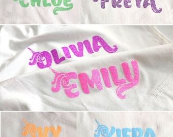 Unicorn glitter iron on name vinyls personalise custom tshirt jumper birthday gifts heat patch hotfix HTV