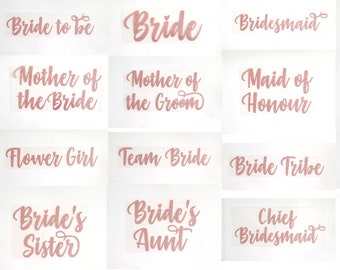 bruiloft bruidsmeisje warmteoverdracht opstrijkbare t-shirt vrijgezellenfeest roze rosé gouden glitter patch letters sticker vinyl DIY vrijgezellenfeest