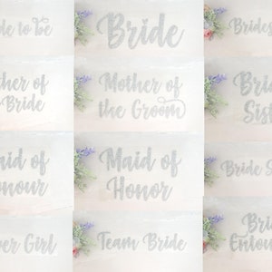 wedding bridesmaid heat transfer hotfix iron on t shirt hen party sparkly silver glitter patch letters decal vinyl DIY hen party HTV