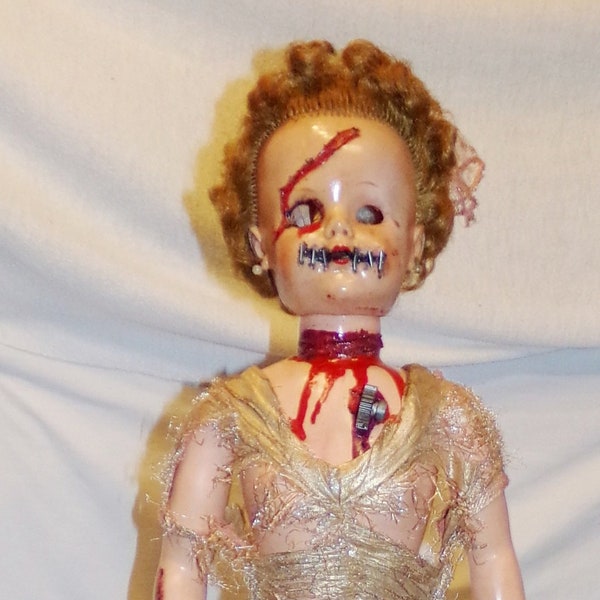 Vtg Doll Jilted Bride Bloody Horror Creepy Goth Halloween Bloody Blood Slit Throat  Standing Figure