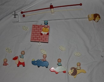 Vtg, Irmi, Nursery, Baby, Mobile, Wood, Parts, Turtle, Camel, rhino,