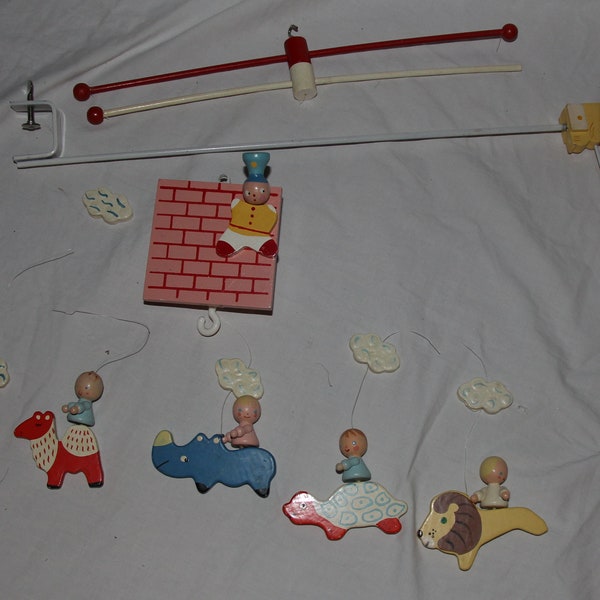 Vtg, Irmi, Nursery, Baby, Mobile, Wood, Parts, Turtle, Camel, rhino,