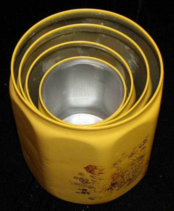 Kromex Aluminum Canisters Vtg 4 Pcs W/ Lids Yellow Flowers 1960's