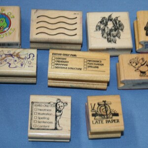 Lot Various Wooden Rubber Stamps 9 pcs Craft Teacher School Penguin Scrapbooking
