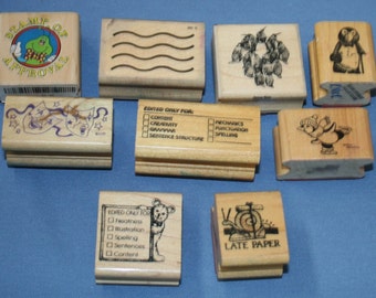 Lot Various Wooden Rubber Stamps 9 pcs Craft Teacher School Penguin Scrapbooking