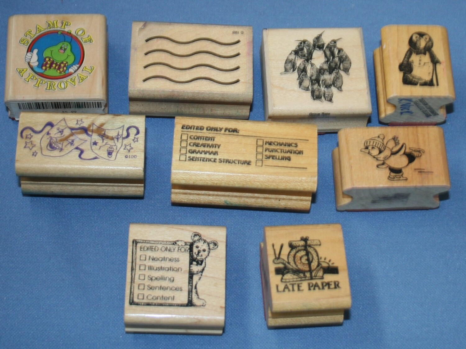 Lot Various Wooden Rubber Stamps 9 Pcs Craft Teacher School Penguin