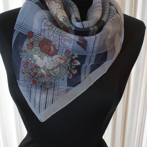 Vtg Vintage Sheer Scarf 25&quot; Square Flowers Floral Plaid Stripes Blue 1960&#39;s Retro