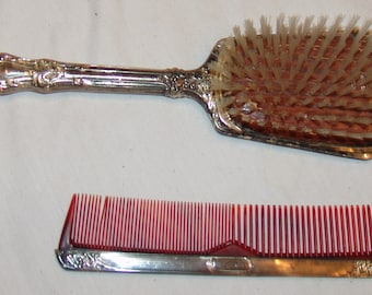 VTG argent massif commode Vanity Set brosse peigne toilettage ensemble 2 pièces en Nylon