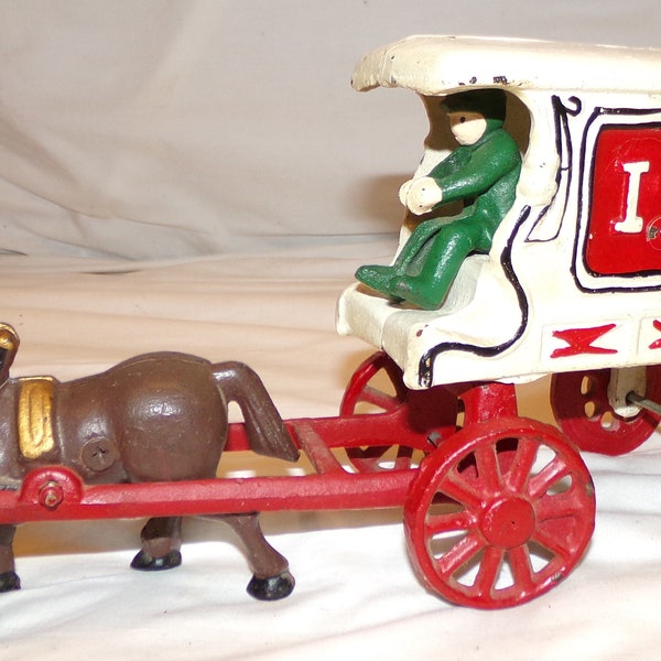 Vtg Cast Iron Horse Drawn Ice Cart Wagon with Driver Toy